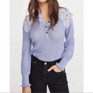 NWT Free People Blue Embroidered Henley Top Size L